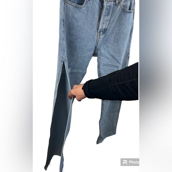 Adika Blue Light Jeans Distressed With Side Slits Button Fly Distressed Sz L New - Picture 4 of 10